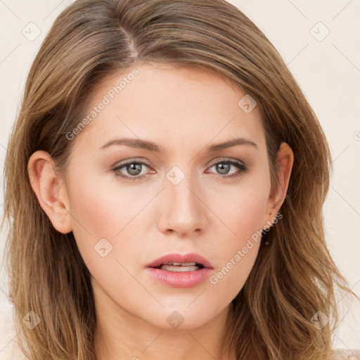 Neutral white young-adult female with long  brown hair and brown eyes