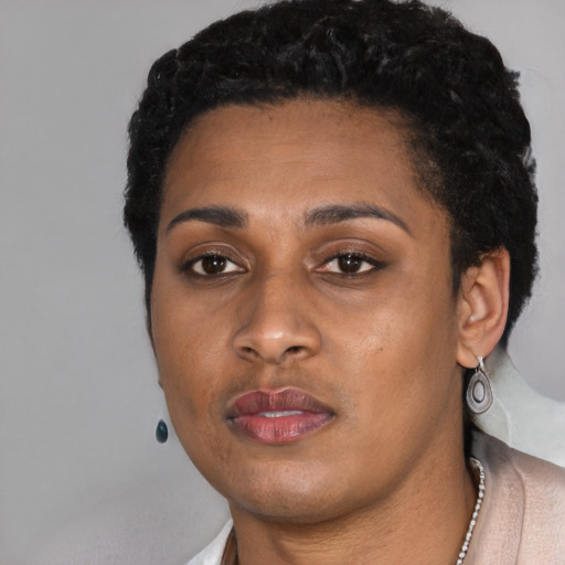 Neutral black young-adult female with short  black hair and brown eyes