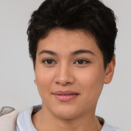 Joyful asian young-adult female with short  brown hair and brown eyes