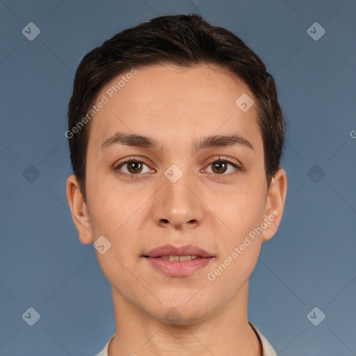 Joyful white young-adult female with short  brown hair and brown eyes