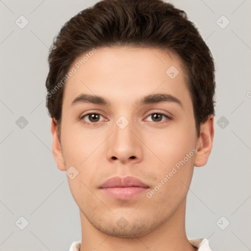 Neutral white young-adult male with short  brown hair and brown eyes