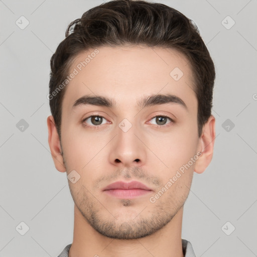 Neutral white young-adult male with short  brown hair and brown eyes