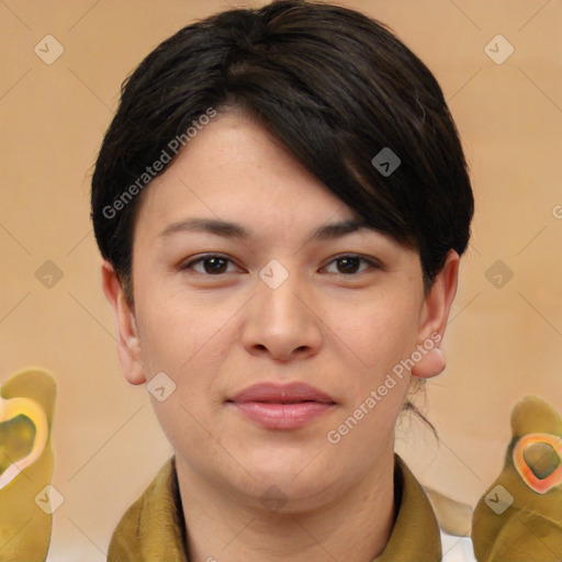 Neutral white young-adult female with medium  brown hair and brown eyes