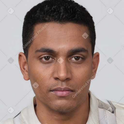 Neutral latino young-adult male with short  brown hair and brown eyes