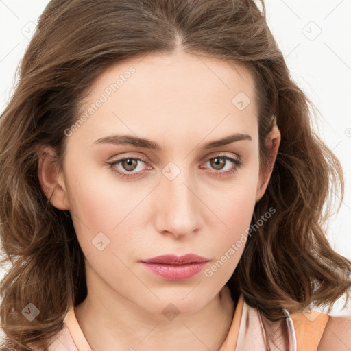 Neutral white young-adult female with long  brown hair and grey eyes