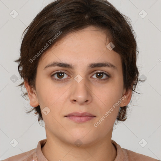 Neutral white young-adult female with short  brown hair and brown eyes