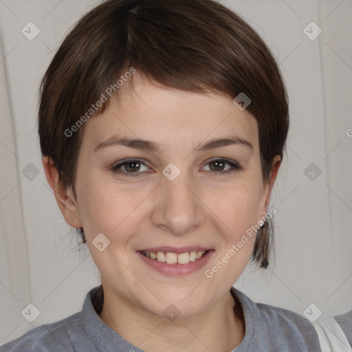 Joyful white young-adult female with medium  brown hair and brown eyes