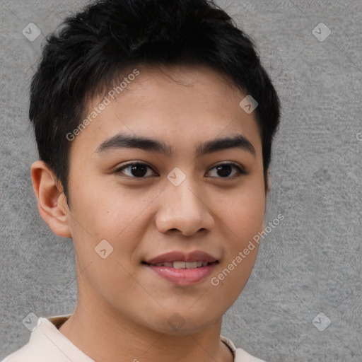 Joyful asian young-adult male with short  brown hair and brown eyes
