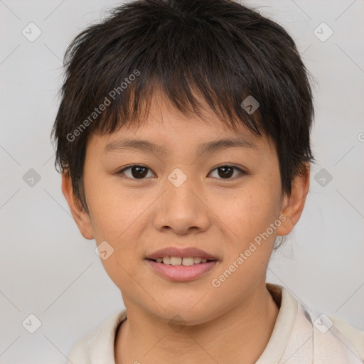 Joyful white child female with short  brown hair and brown eyes