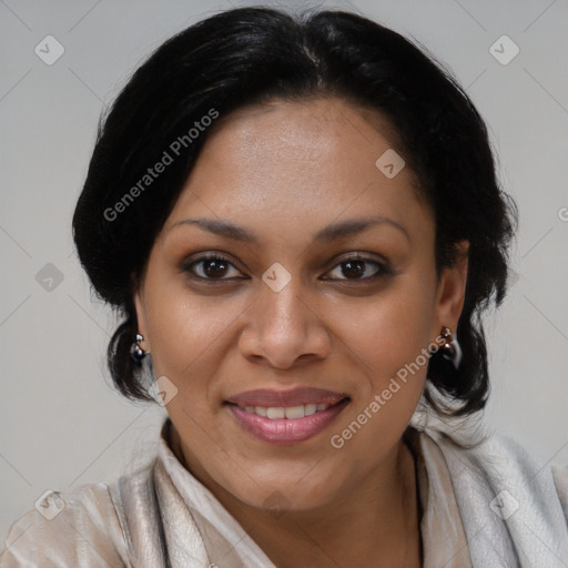 Joyful latino young-adult female with medium  black hair and brown eyes