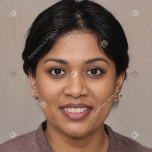 Joyful latino young-adult female with medium  black hair and brown eyes