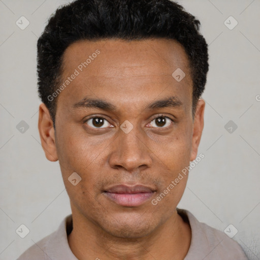 Joyful black young-adult male with short  black hair and brown eyes