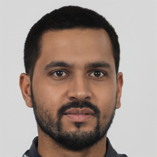 Neutral black young-adult male with short  black hair and brown eyes