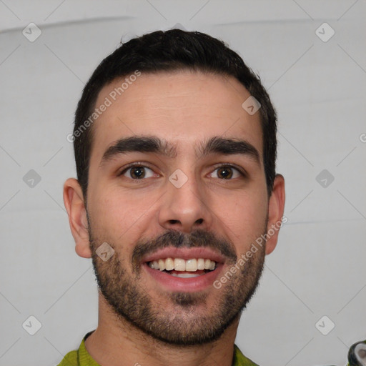 Joyful white young-adult male with short  brown hair and brown eyes