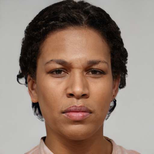 Neutral latino young-adult female with short  brown hair and brown eyes