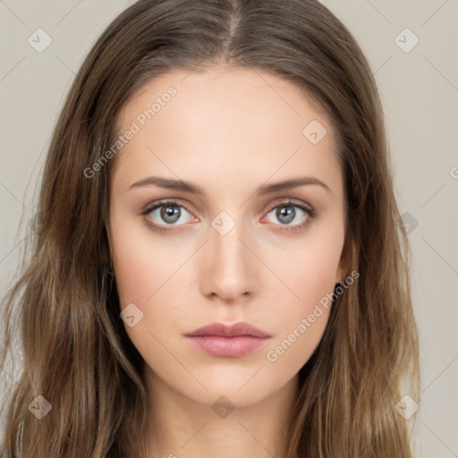 Neutral white young-adult female with long  brown hair and brown eyes