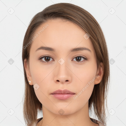 Neutral white young-adult female with long  brown hair and brown eyes