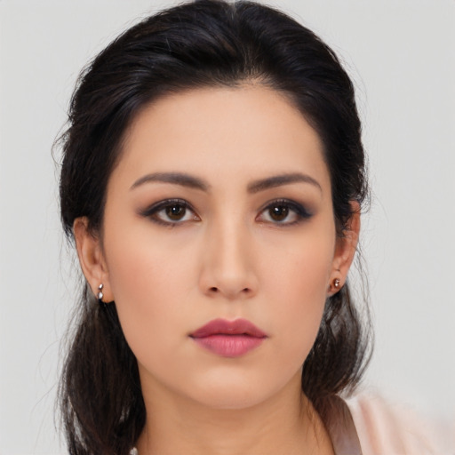 Neutral asian young-adult female with medium  black hair and brown eyes