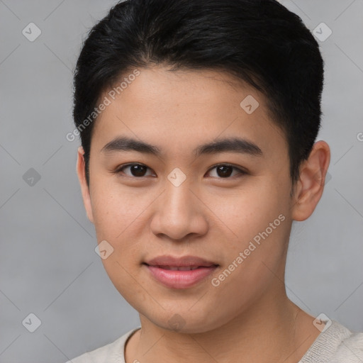 Joyful latino young-adult male with short  black hair and brown eyes