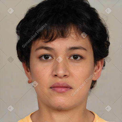 Neutral white young-adult female with short  brown hair and brown eyes