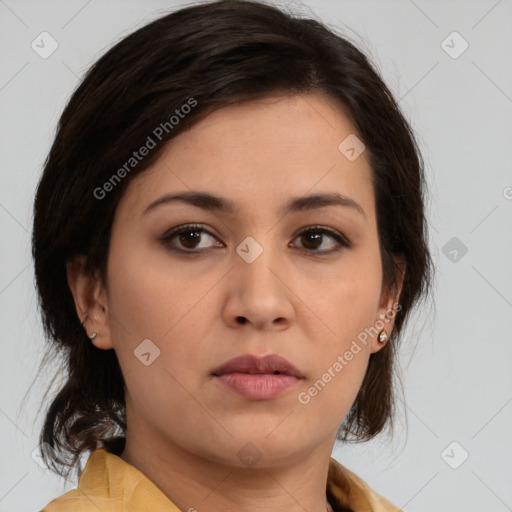 Neutral white young-adult female with medium  brown hair and brown eyes