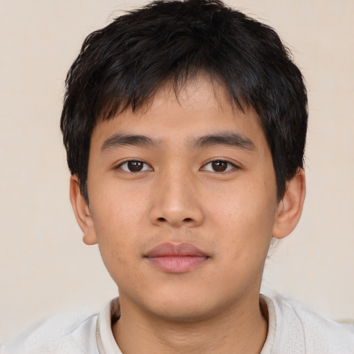 Neutral asian young-adult male with short  brown hair and brown eyes