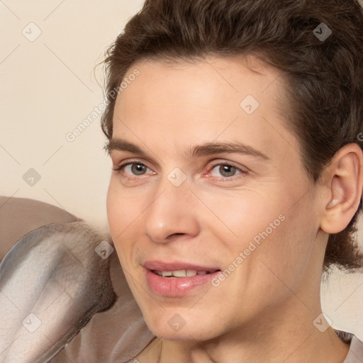 Joyful white young-adult male with medium  brown hair and brown eyes