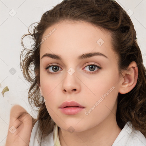 Neutral white young-adult female with medium  brown hair and brown eyes