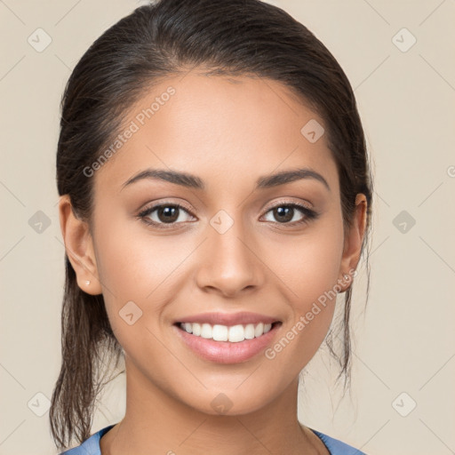 Joyful white young-adult female with medium  brown hair and brown eyes