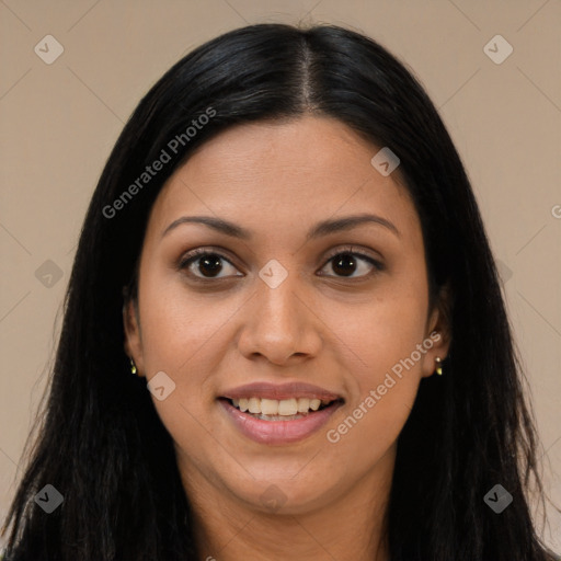 Joyful latino young-adult female with long  brown hair and brown eyes