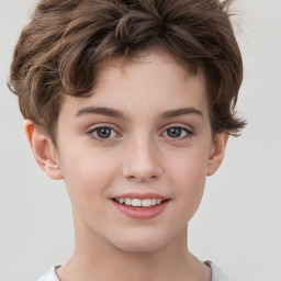 Joyful white child female with short  brown hair and brown eyes