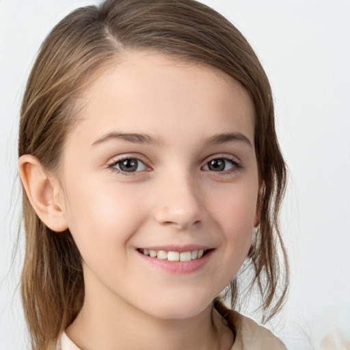 Joyful white child female with medium  brown hair and brown eyes