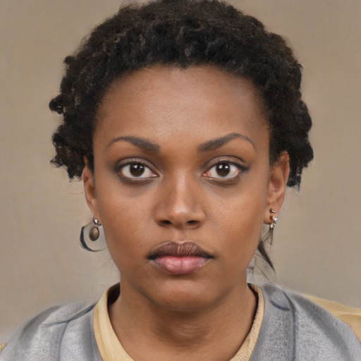 Neutral black young-adult female with short  black hair and brown eyes
