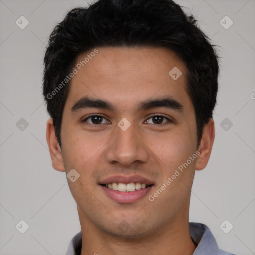 Joyful white young-adult male with short  black hair and brown eyes