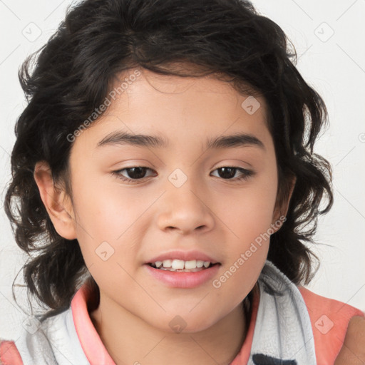 Joyful white child female with medium  brown hair and brown eyes