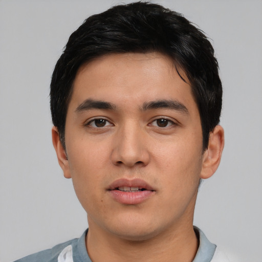 Neutral asian young-adult male with short  black hair and brown eyes