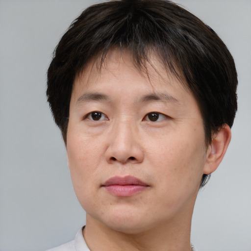 Joyful asian adult female with short  brown hair and brown eyes