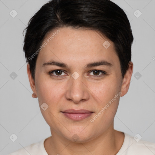 Joyful white young-adult female with short  brown hair and brown eyes