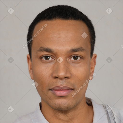 Neutral latino young-adult male with short  black hair and brown eyes