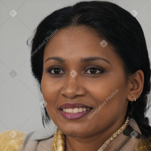 Joyful black adult female with medium  brown hair and brown eyes