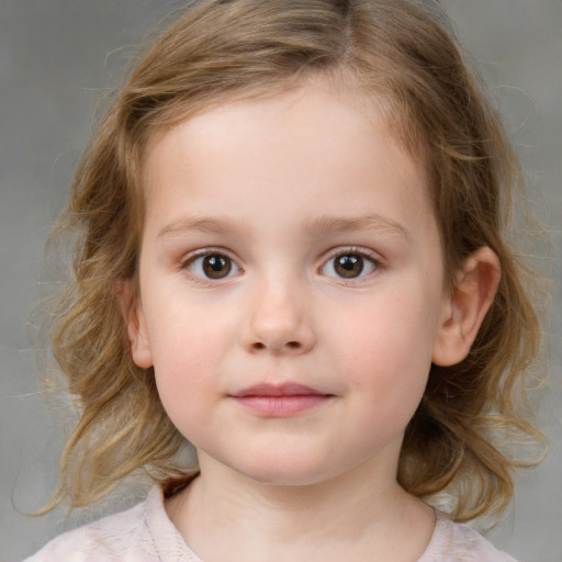 Neutral white child female with medium  brown hair and grey eyes