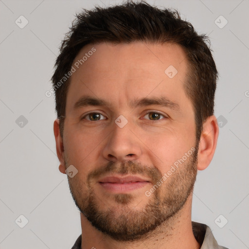 Neutral white young-adult male with short  brown hair and brown eyes