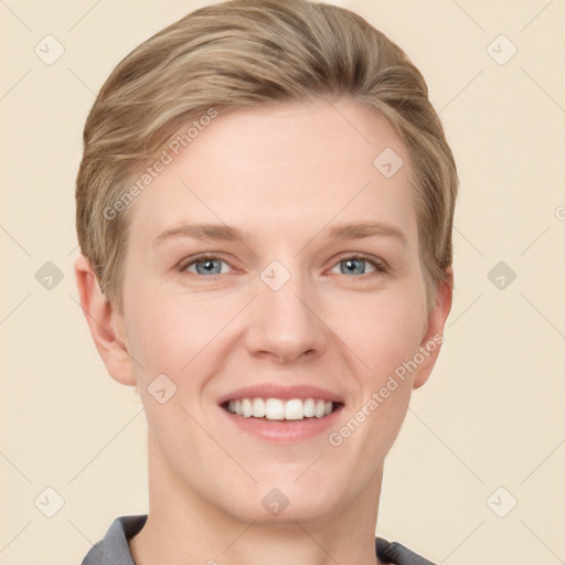 Joyful white young-adult female with short  brown hair and grey eyes