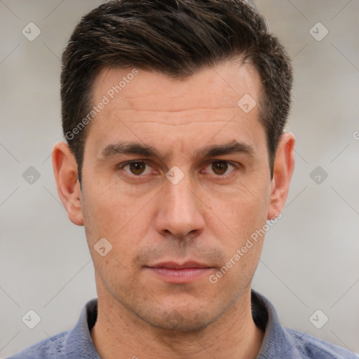 Neutral white adult male with short  brown hair and brown eyes