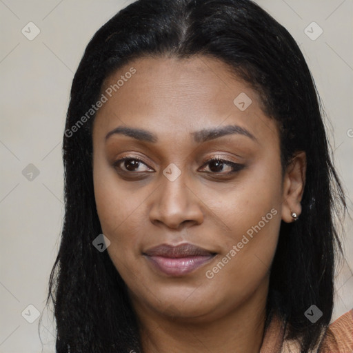 Joyful latino young-adult female with long  brown hair and brown eyes