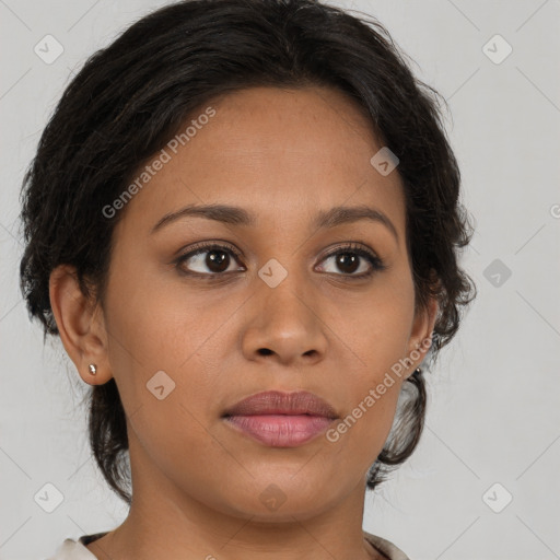 Joyful latino young-adult female with medium  brown hair and brown eyes