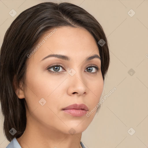 Neutral white young-adult female with medium  brown hair and brown eyes