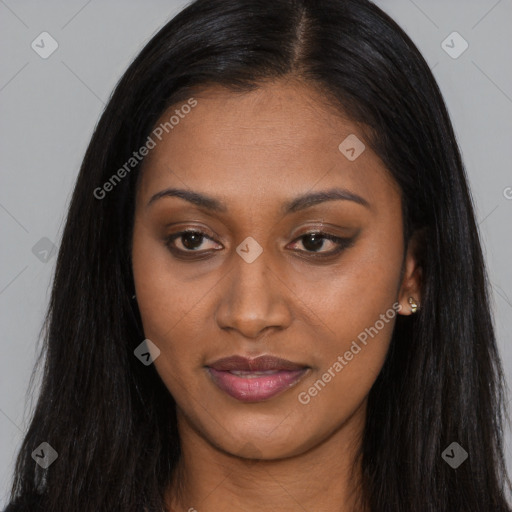 Joyful asian young-adult female with long  brown hair and brown eyes