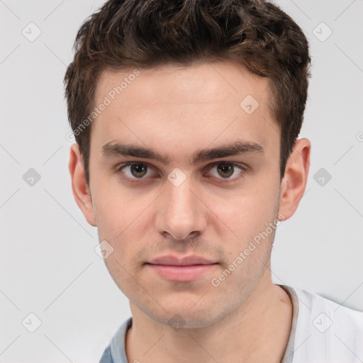 Neutral white young-adult male with short  brown hair and brown eyes