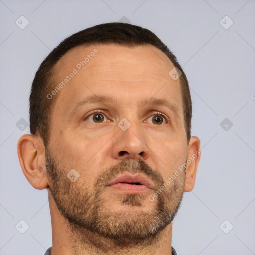 Neutral white adult male with short  brown hair and brown eyes